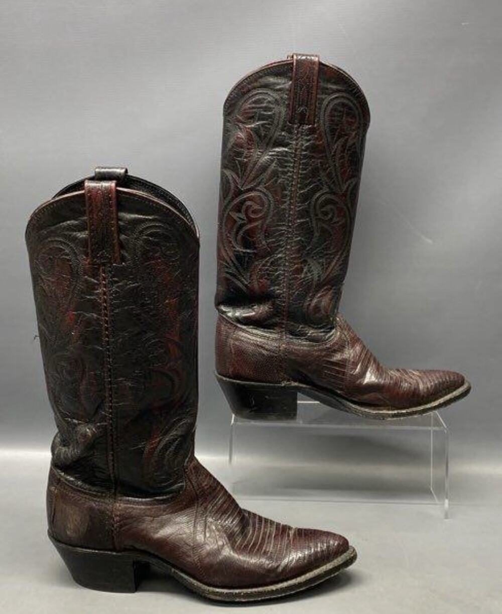 Dan Post Boots Mens 7 M Black Cherry Lizard Western Cowboy Rodeo Distressed